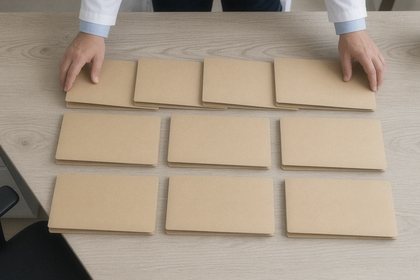Hands arrange blank manila folders into rows on a desk
