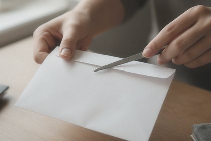 Hands slit open a blank envelope with a letter opener