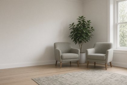A calm empty waiting room with two armchairs and a potted plant