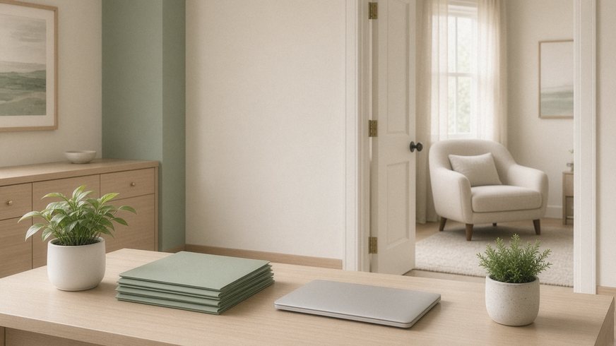 A calm practice front office desk with green folders and a closed laptop, an armchair in the room beyond